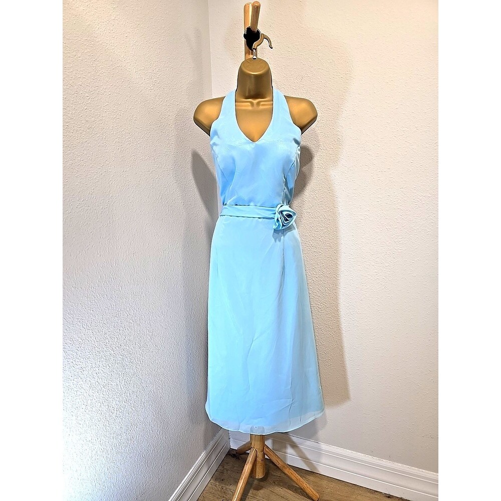 NWT Andy Anand Y2K Halter Fit Flare Midi Dress 12 Blue Chiffon Bridesmaid Guest